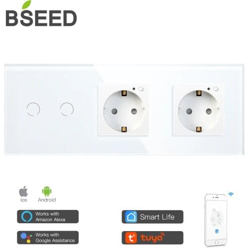 BSEED 2 Gang Smart Wifi Touch Switch With Double EU Socket Work With Tuya Google Smart Home App 3 Colors For Home Decoration