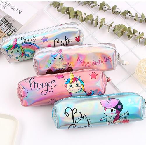 Unicorn Pencil Case Holographic Laser Pen Bag For Girl Boys Student Large Capacity Waterproof Pen Box School Supply Stationery