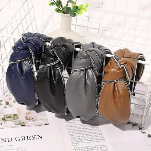 Retro Hand-knotted Hairband Twisted Imitation Leather PU Zipper Chain Bezel Wide-sided Bow Headband Woman Girl Hair Accessories