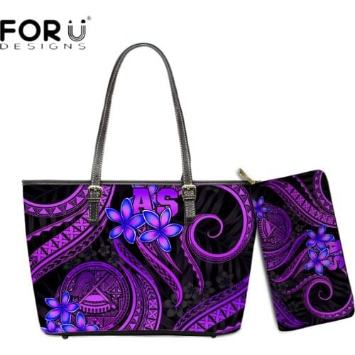 FORUDESIGNS Women PU Leather Handbag Set Samoan Polynesian Plumeria Printing Party Large Lady Shoulder Sac Purse Female Bolsa