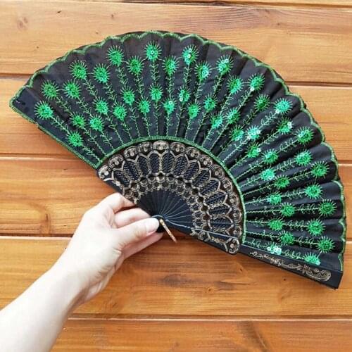 Art Folding Fan Wedding Party Peacock Tail Feather Crafts Print Chinese Style Home Decor Embroidery Carved Hand Fan