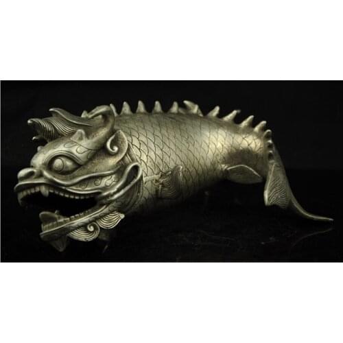 Collectibles Chinese Miao Silver-made Dragon Head Fish Censer Incense Burner Statue