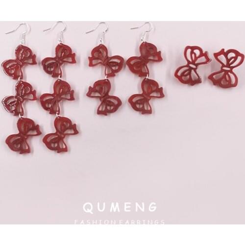 Korea Sweet Lovely Girl Red Bow Long Tassel Acrylic Pendant Earrings Temperament Cute Lady Party Butterfly Jewelry Birthday Gift