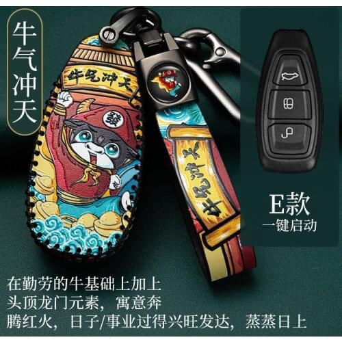 Leather Car Key Case for Ford Focus 3 4 MK3 ST RS Kuga Escape Ecosport Fiesta 3 Buttons Smart Remote Fob Protect Cover Keychain