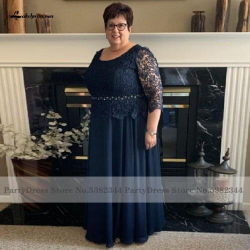 Lakshmigown Plus Size Navy Blue Mother Evening Party Dress 2021 Vintage Mother of The Bride Robe 3/4 Sleeves Vestidos de Noite