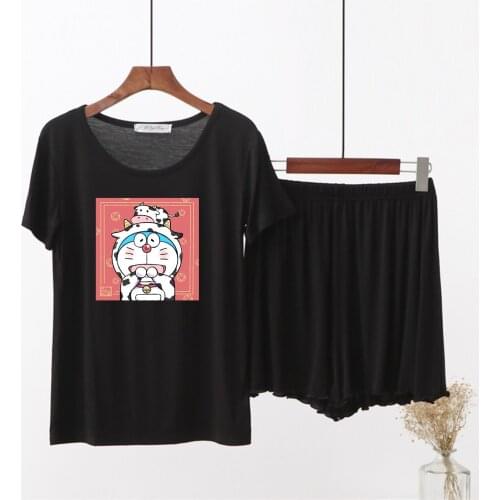 Summer 2 Pieces Set Short Sleeve Modal Cotton Women Pajamas Set Cute Maverick Doraemon Anime T-shirt Plus Size O-Neck Homewear