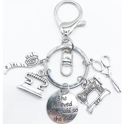 Fashionable New Sewing Machine Iron Scissors Tape Measure Keychain, Key Ring Essential for Tailor Designers, Ladies Bag Pendants