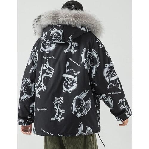 2020 winter new mens Japanese trend cartoon print cotton clothing large size fur collar hooded jacket