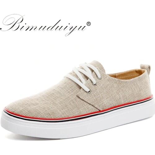 BIMUDUIYU Mens Canvas Shoes Linen Flats Casual Shoes Spring /Summer Fashion Breathable Lace-up Korean Style Large Size Shoes