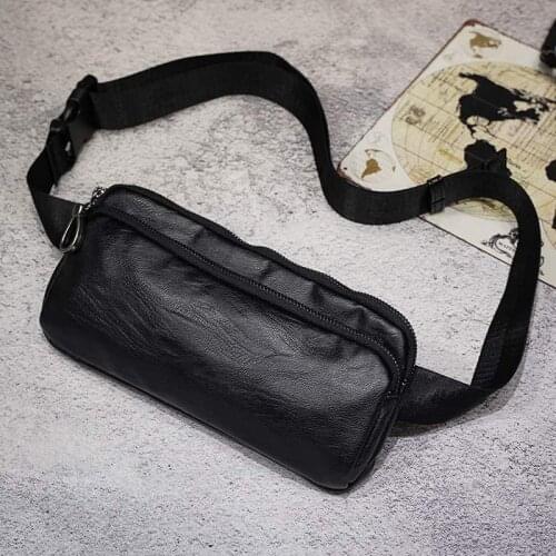 Mens Casual Chest Bag Black PU Leather Waist Bag Small Double Zipper Messenger Bag Male Vintage Shoulder Bag Money Phone Bags