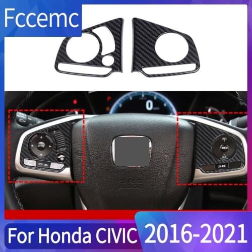2PCS Carbon Fiber Steering Wheel Button Stickers Panel Switch Decor Trim Cover For Honda Civic 10th Gen 2016 2017 2018 2019