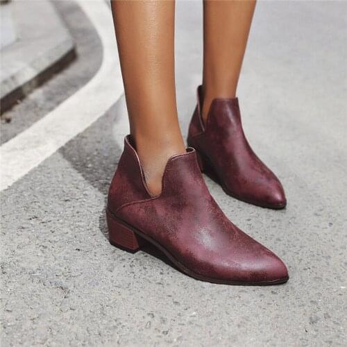 YMECHIC New Arrival 2020 Autumn Womens Boots Chunky Heels Office Shoes Women Slip on Black Wine Red Brown Vintage Ankle Boots