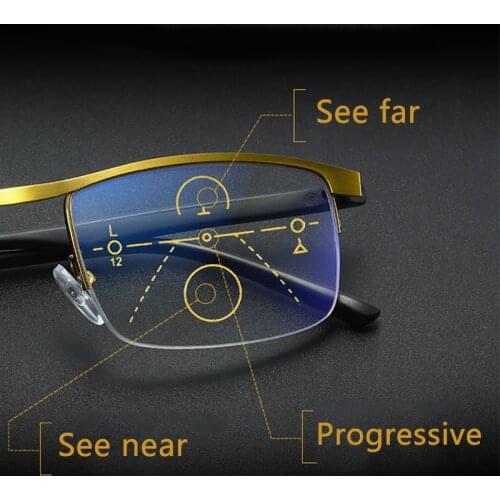 Metal Half Frame Progressive Multifocal Reading Glasses Men Women Near Far Magnifying Anti Blue Light Presbyopic Glasses