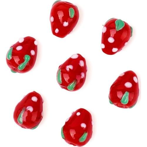 Pandahall 12pcs/box Red Strawberry Handmade Lampwork Beads Fruit Loose Beads for DIY Jewelry Making 16x11mm Hole: 2mm