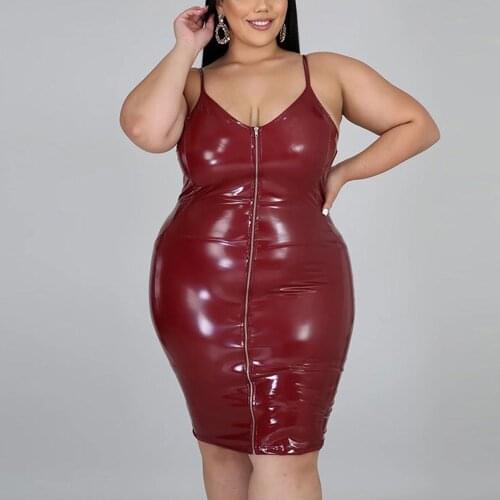 4XL 5XL Plus Size Spaghetti Strap Dress for Women Large PU Leather Zipper Closure Bodycon Sexy Evening Night Club Vestidos Hot