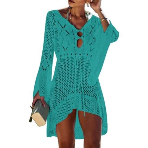 Beach Cover Up Hollow Out Knitted Women Flared Sleeves Solid Color Beach Dress for Vacation