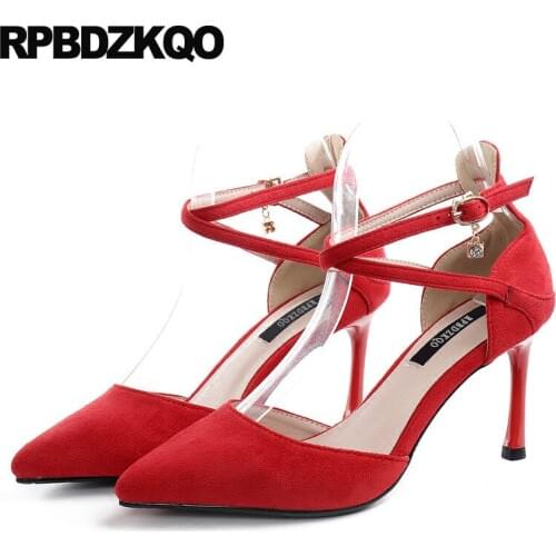 Ankle Strap Size 4 34 Cross Yellow Suede Big Women Pumps 2018 3 Inch Thin Elegant 33 Red High Heels Korean Pointed Toe Shoes