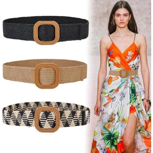 38 Style New Summer Fake Straw Woven Female Soil Belt Vintage Bohemian Braided Wooden Bamboo Round Square Buckle Accessory