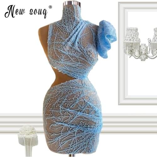 High Neck One Shoulder Mini Dresses Mesh Bodycon Prom Dress Sexy Hot Midnight Club See Through Party Dress Pearls Short Gown