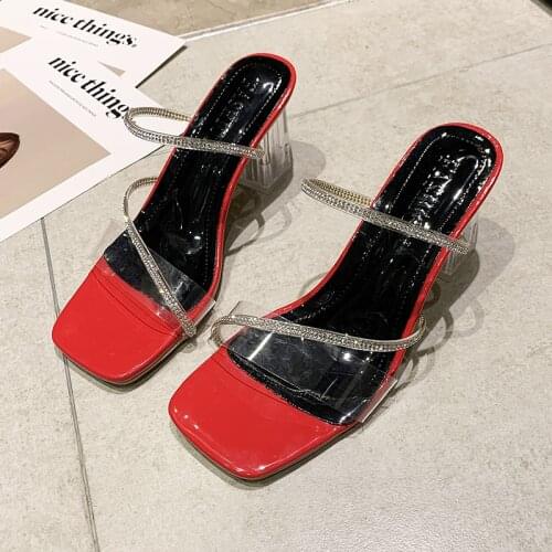 Crystal Transparent High Heels Womens Sandals Size 35-43 Sexy Shoes Square Toe Sequins Cross-tied Ankle Strap Opening