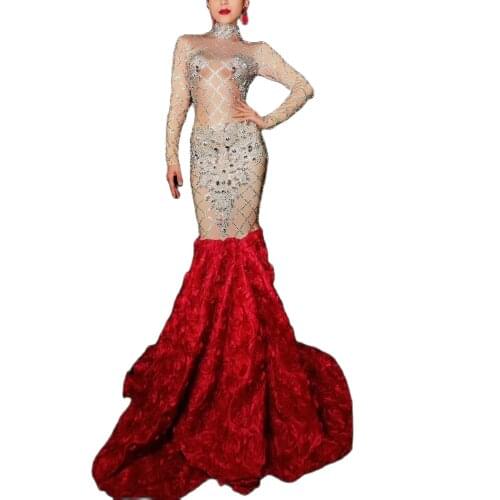 Mesh Rose Feather Rhinestone Evening Dress Lady Wine Red Catwalk Show Mullet Trumpet Long Dress Prom Birthday Party Formal Dress