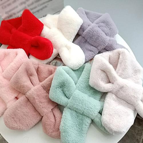 Faux Fur Cross Scarf Solid Color Kids Plush Scarf Thicken Keep Warm Neck Warmer Autumn Winter Furry Soft Children Cute Scarf