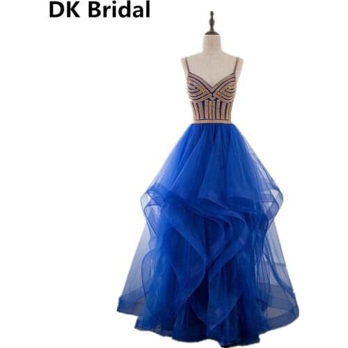 Blue Tiered Tulle Prom Dresses Sweetheart Backless Ball Gowns Long Crystals Lace Up Long Formal Dress Straps Robe De Soiree