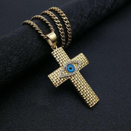 Stainless steel rhinestone Jesus Cross Pendant Eye of Horus For Men Paved Crystal Gold Color Necklace With Chain Hip Hop Jewelry