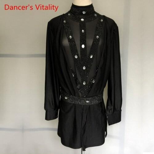 Custom made Mens Latin Dance Top Luxury Diamond High Collar Long Sleeves Clothes Latin Rumba Samba Dance Competition Costumes