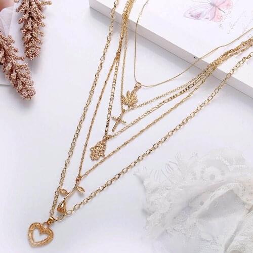 Vintage Multilevel Necklaces For Women Boho Fashion Gold Leaves Cross Rose Hand Eyes Palm Heart Shaped Pendant Necklace Jewelry