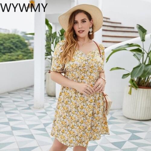 WYWMY Floral Print Plus Size Dress V Neck Sexy Short Sleeve Dresses High Waist Vintage Women Summer Dress 2021women Clothing