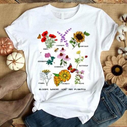 Harajuku flower plant letter ladies women letter printed graphic shirt summer cartoon cute ladies women female casual tops tees