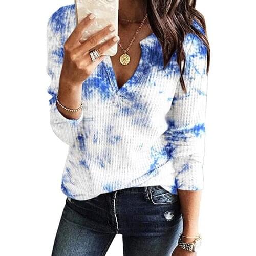 Women Long Sleeve V-Neck Tie dye T Shirt Casual Loose Plus Size Female Top Tee Autumn 2021 Print tshirt Clothes