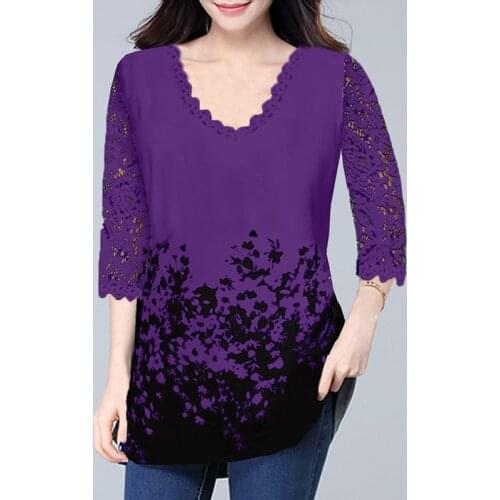 Lace Patchwork Womens T-Shirt 2020 Spring Summer Floral Print Female Tunic Casual Sexy V Neck Half Sleeve Ladies Tops Pullovers