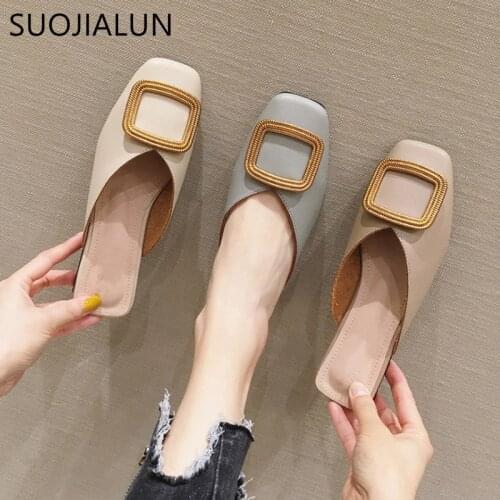 SUOJIALUN Mule Shoes Women Low Heel Slipper Leather PU Wooden Block Heel Open Shallow Loafers Slip On Casual Slides Sandal Shoes