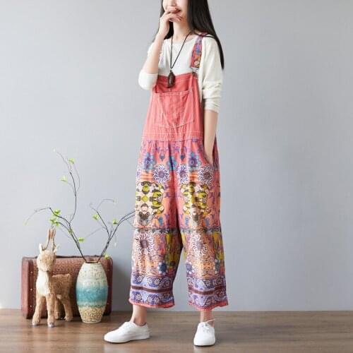 New Arrival hole cotton personality casual ethnic style female large size jumpsuit printed denim fashion hot sell wide leg pants