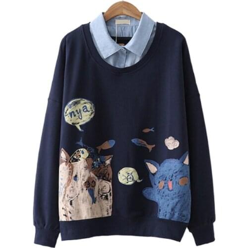 MERRY PRETTY Women Cartoon Print Turndown Collar Hoodies Winter Long Sleeve Patchwork Fake 2 pieces Sweatshirts Preppy Pullovers