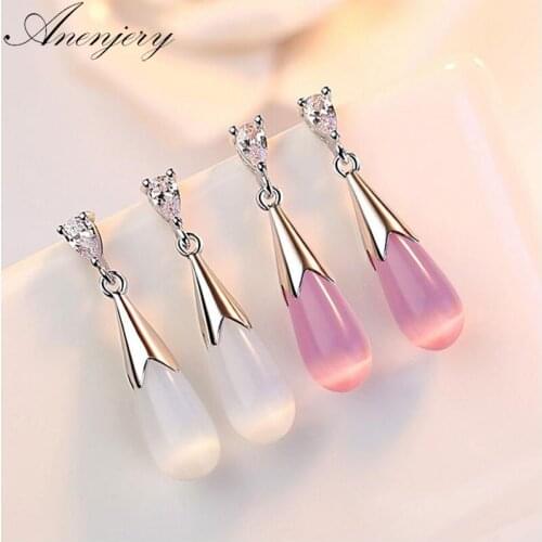 ANENJERY 925 Sterling Silver Moonlight Opal Water Drop Zircon Stud Earrings For Women pendientes S-E463