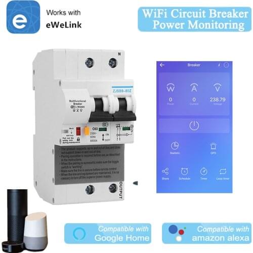 EWelink 2P WiFi Circuit Breaker Power Monitoring Meter Function Smart MCB Alexa Google Home Compatible Lan Control IFTTT Support