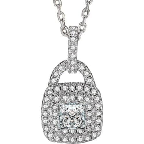 925 sterling silver full diamond princess square diamond bag necklace fashionable love lock crystal zircon clavicle necklace