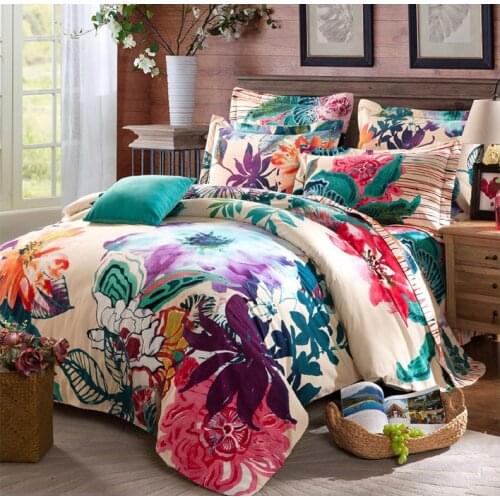 100% Cotton Sanding Printed Flower Bedding Set Wedding Bed Sheet set Duvet Cover Pillowcase Queen King 4pcs colorful purple red