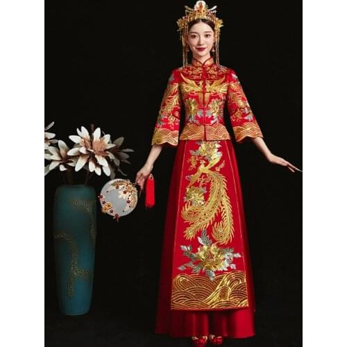 Red traditional Chinese style Bride wedding cheongsam Embroidery gown Party evening dress marry Qipao Vestido Plus Size S-5XL