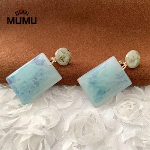 Natural resin imitation turquoise pendant square earrings female retro blue and green without pierced ear clip