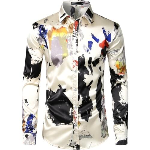 Mens Fashion Print Silk Shirt 2019 Brand New Slim Fit Long Sleeve Mens Dress Shirts Wedding Party Prom Social Shirt Chemise 2XL
