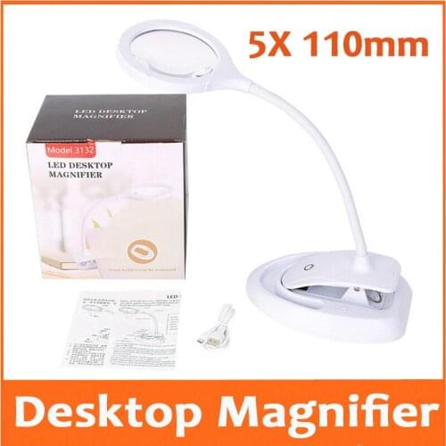 5X 110mm Desktop Table Lamp Light Reading Magnifying Glass 15pcs LED Lamps Illuminated PCB welding Cellphone Repair Magnifier