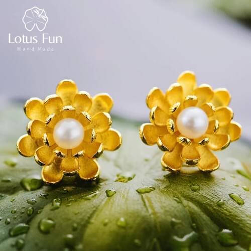 Lotus Fun Real 925 Sterling Silver Natural Pearl Original Handmade Fine Jewelry Blooming Lotus Stud Earrings for Women Brincos