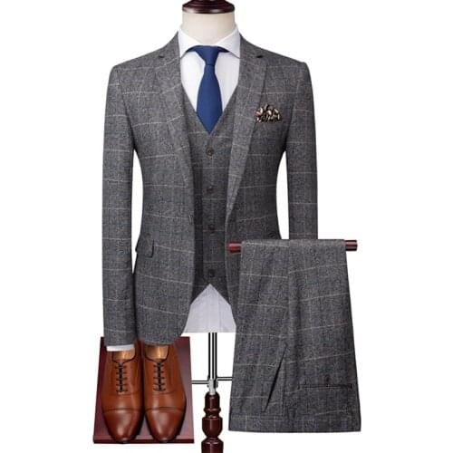 Newest Fashion Plaid Business Mens 3-piece Set Vintage Mens Casual Groom Wedding Dress Suit ( Jacket +Vest + Pants )