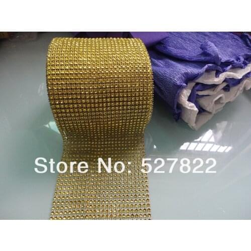 2013 New 4.5"x10 Yards 24 Row GOLD DIAMOND MESH WRAP ROLL SPARKLE RHINESTONE Crystal Ribbon