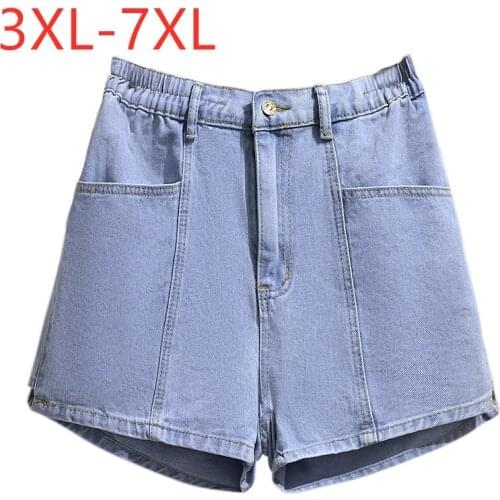 New 2021 Ladies Summer Plus Size Jeans Shorts For Women Large Loose Wide Leg Blue Cotton Pocket Denim Shorts 4XL 5XL 6XL 7XL