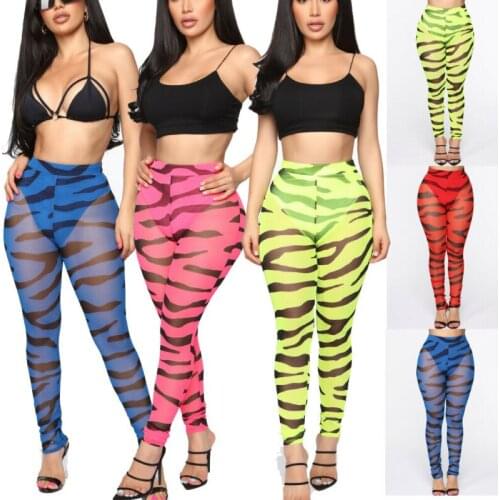 Newest Women Sexy Black Stripe Slim Long Pants Pearl Mesh Sheer Pants Transparent Long Trousers Swimwear Bikini Cover Up